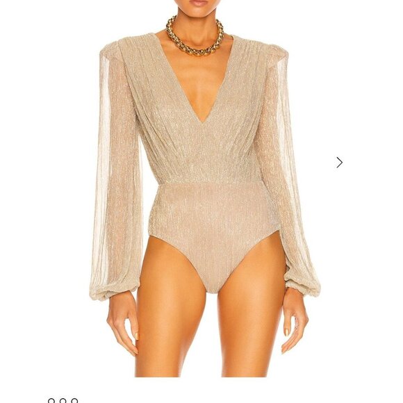 PatBO Gold Metallic Blouson Sleeve Deep V Bodysuit NWT – Size XS - Picture 7 of 7